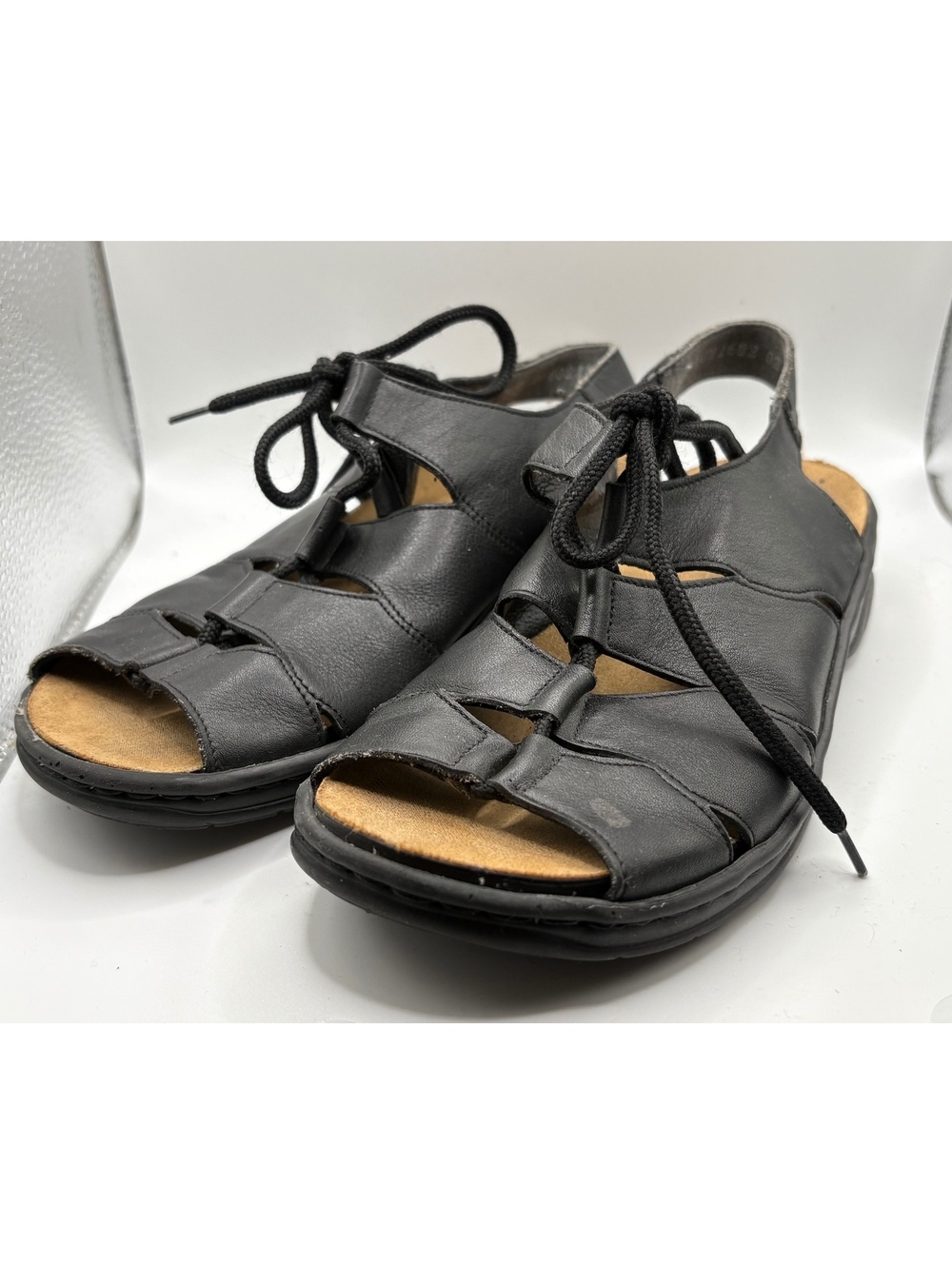 Rieker Black Leather Cutout Lace-Up Slingback Sandals Women’s Size 37 US 6.5 - 7